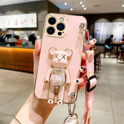 Women Cartoon Cute Bear Folding Bracket Crossbody Lanyard Apple Phone Protective TPU Case
