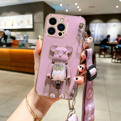 Women Cartoon Cute Bear Folding Bracket Crossbody Lanyard Apple Phone Protective TPU Case