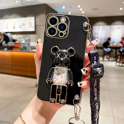Women Cartoon Cute Bear Folding Bracket Crossbody Lanyard Apple Phone Protective TPU Case
