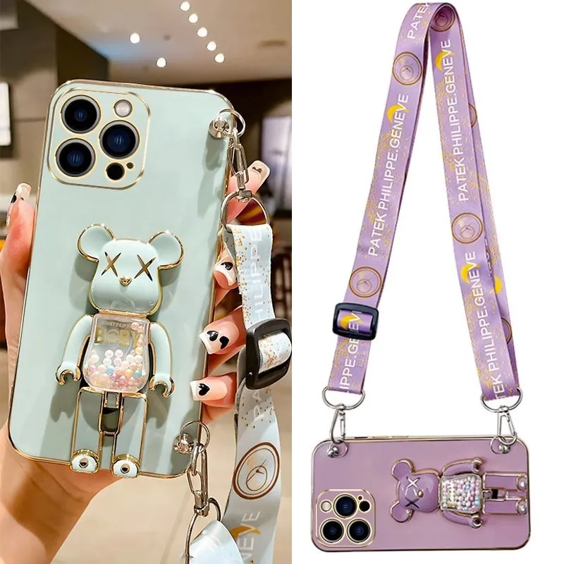 Women Cartoon Cute Bear Folding Bracket Crossbody Lanyard Apple Phone Protective TPU Case