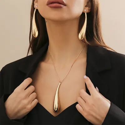 Women Fashion Exaggerated Punk Style Big Water Drop Pendant Necklace Geometric Earrings