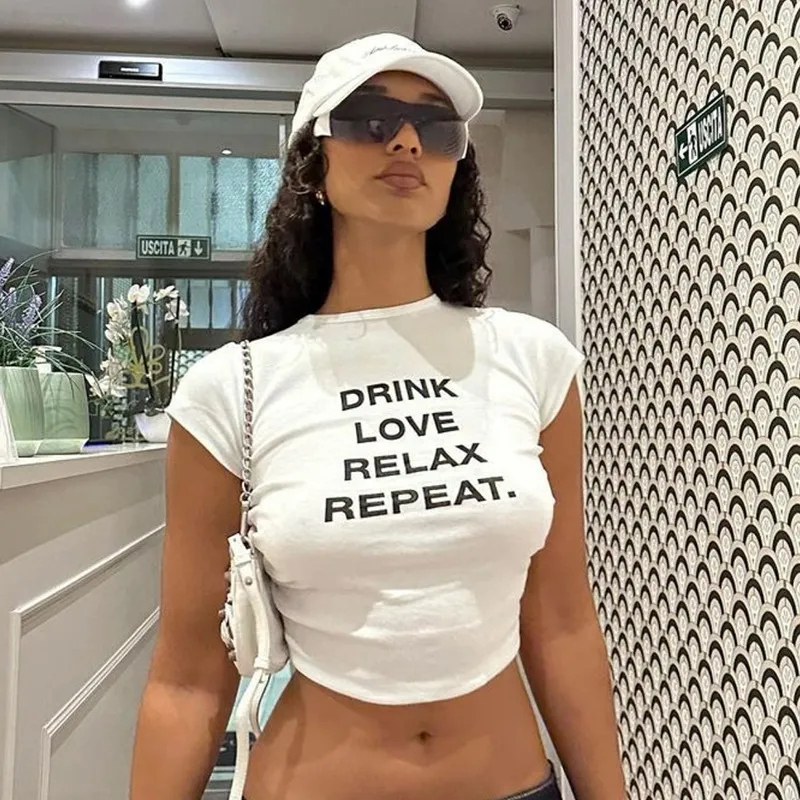 Women Street Fashion Letter Slogan Crop T-Shirt Crewneck Short Sleeve