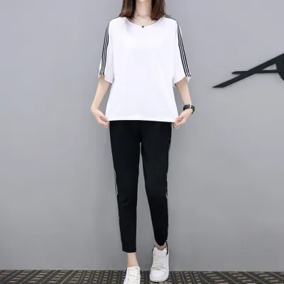 Women Casual Stripe Round Neck Short Sleeve Top Cropped Pants Set