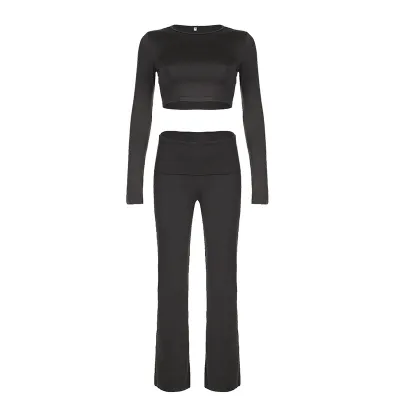 Women Casual Solid Color Round Neck Long Sleeve Crop Top Straight Pants Two-Piece Set