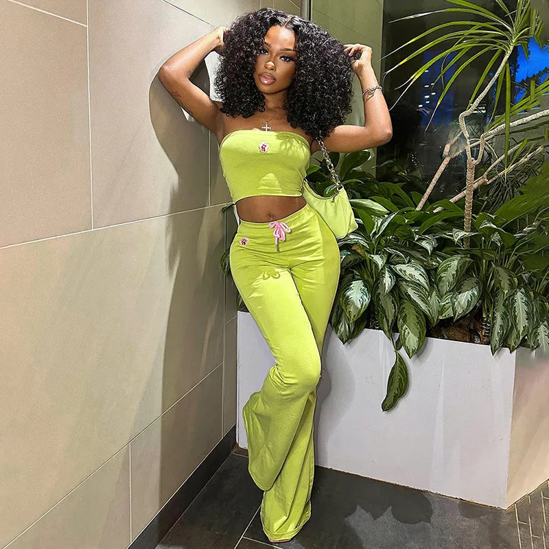 Women Fashion Sexy Embroidered Tube Top High Waist Flared Pants Two-Piece Set