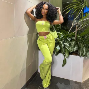 Women Fashion Sexy Embroidered Tube Top High Waist Flared Pants Two-Piece Set
