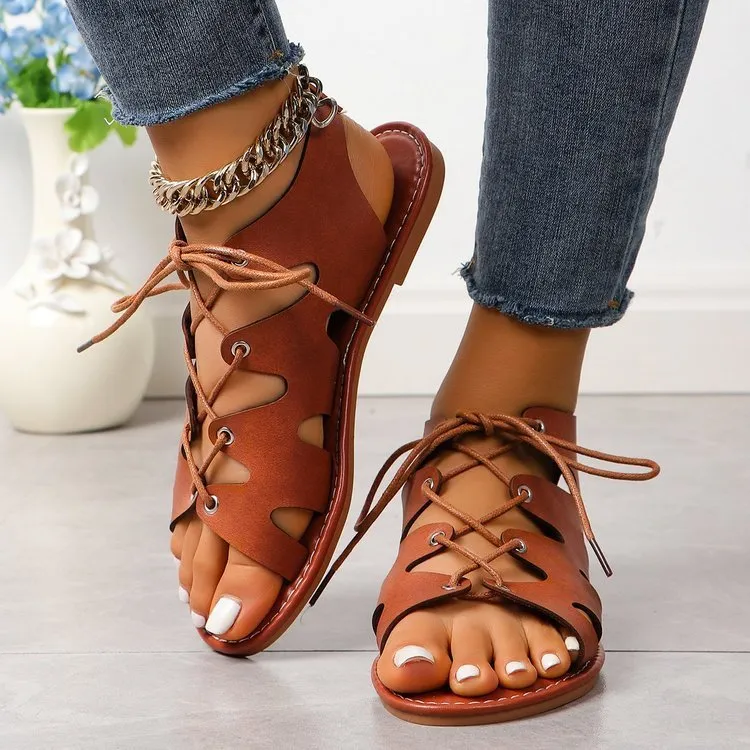 Summer Women Casual Plus Size Solid Color Hollow Strap Round Toe Flat Sandals