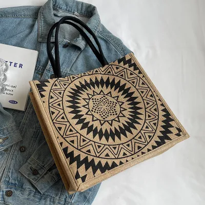 Women Fashion Linen Printed Square Large Capacity Tote Bag