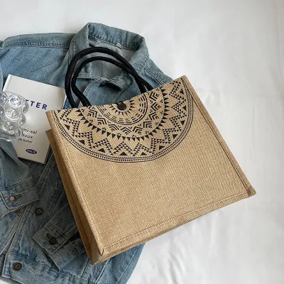 Women Fashion Linen Printed Square Large Capacity Tote Bag