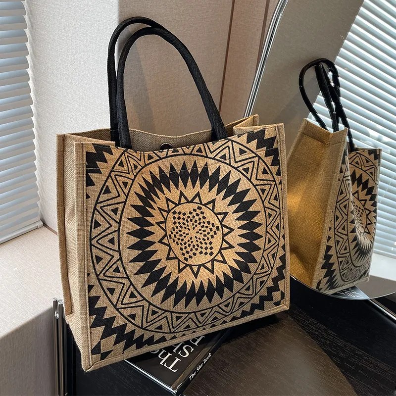 Women Fashion Linen Printed Square Large Capacity Tote Bag