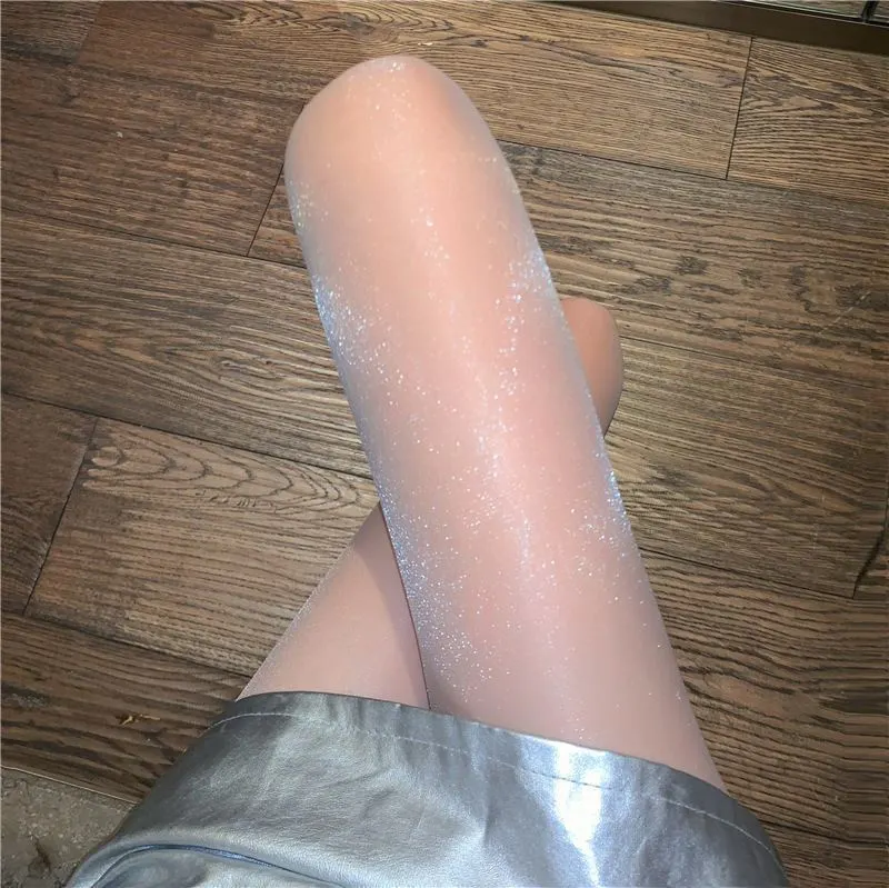Pearlescent Shiny Pantyhose Invisible Crotch Moonlight Grey Women Stockings Sheer Tights