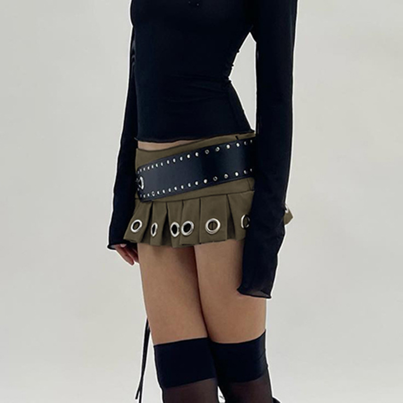 【U LAN】Temp pleated miniskirt (+Belt set) Seam Detailing Belted Pleated Mini Skirt in Black - Retro