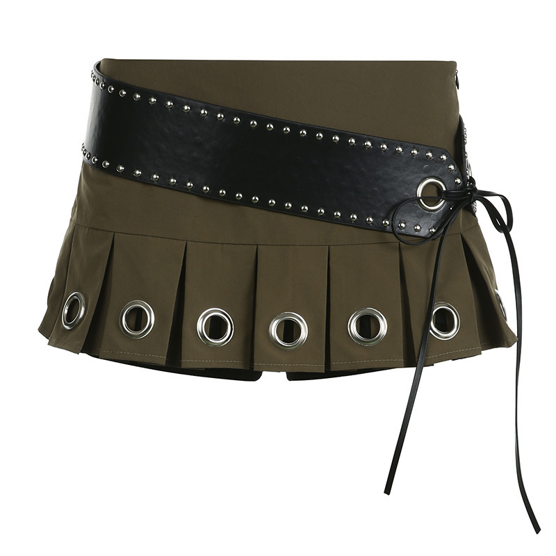 【PORTERNA】Poan belt short skirt Women Black Pleated Skirt With Chain Belt Punk Rock
