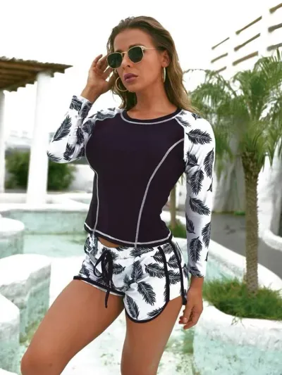 Women's Long Sleeve Tankini Swimsuit with Floral Print, Polyester Nylon Fabric, Conservative Style