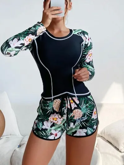 Women's Long Sleeve Tankini Swimsuit with Floral Print, Polyester Nylon Fabric, Conservative Style