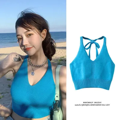 Summer Vacation Women Solid Color Knitted Hater Crop Top
