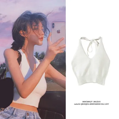 Summer Vacation Women Solid Color Knitted Hater Crop Top