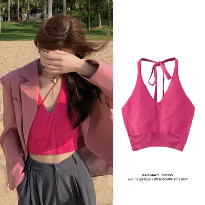 Summer Vacation Women Solid Color Knitted Hater Crop Top