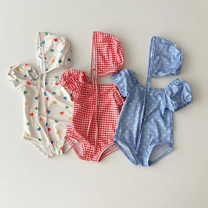 Kids Baby Girls Heart Print Puff Sleeve One Piece Nylon Swimsuit for Beach Holiday
