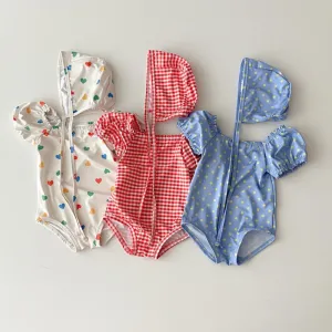 Kids Baby Girls Heart Print Puff Sleeve One Piece Nylon Swimsuit for Beach Holiday