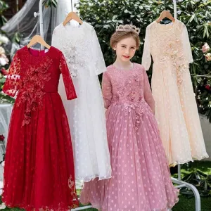 Kids Toddler Big Girls Polka Dot Mesh Long Sleeve Party Tutu Princess Dress