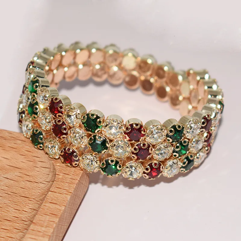 Women Fashion Exaggerated Three Row Rhinestone Bracelet Punk