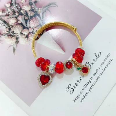 Women Fashion Heart Hollow Apple Rhinestone Titanium Steel Bracelet