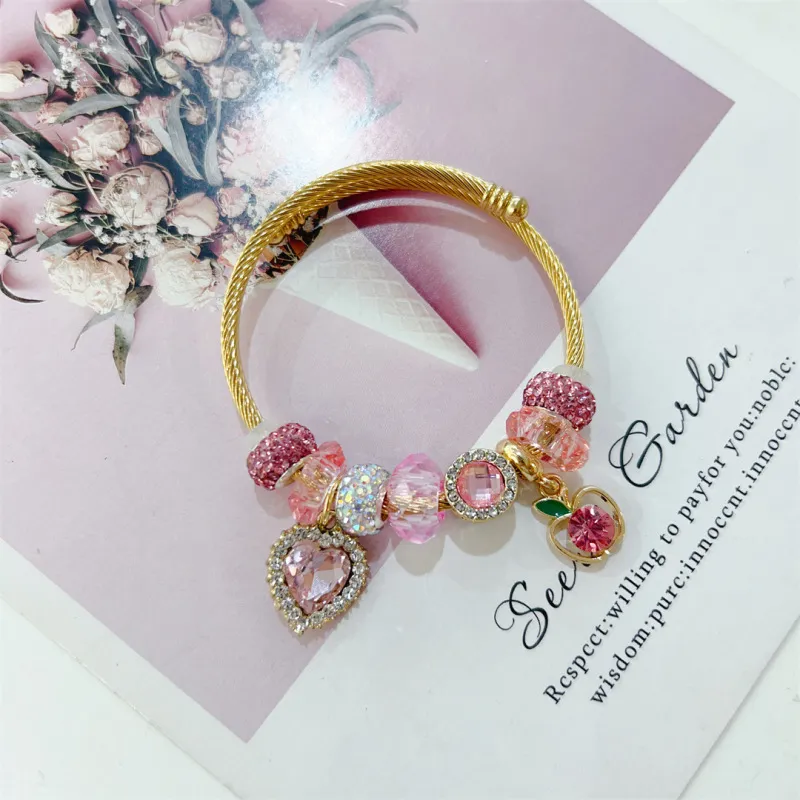 Women Fashion Heart Hollow Apple Rhinestone Titanium Steel Bracelet