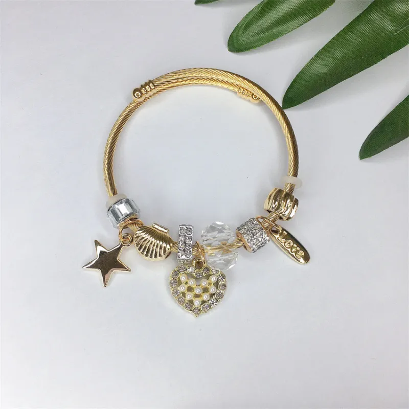 Women Fashion Hollow Heart Rhinestone Pearl Star Stainless Steel Bracelet