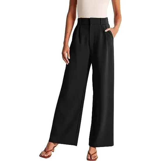 Women Casual High Waist Wide Leg Straight Pants Solid Color