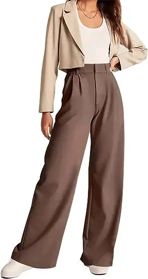 Women Casual High Waist Wide Leg Straight Pants Solid Color