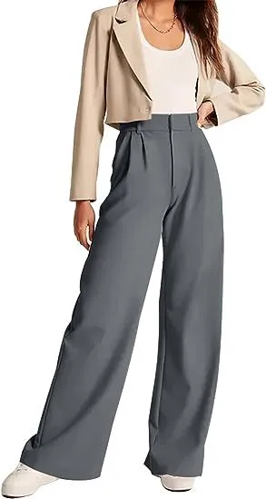 Women Casual High Waist Wide Leg Straight Pants Solid Color