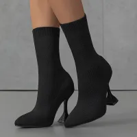 Women Retro Plus Size Western Denim Side Zip Pointed Toe Short Boots