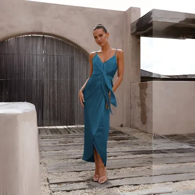 Women Fashion Solid Color Sling Style Maxi Dress