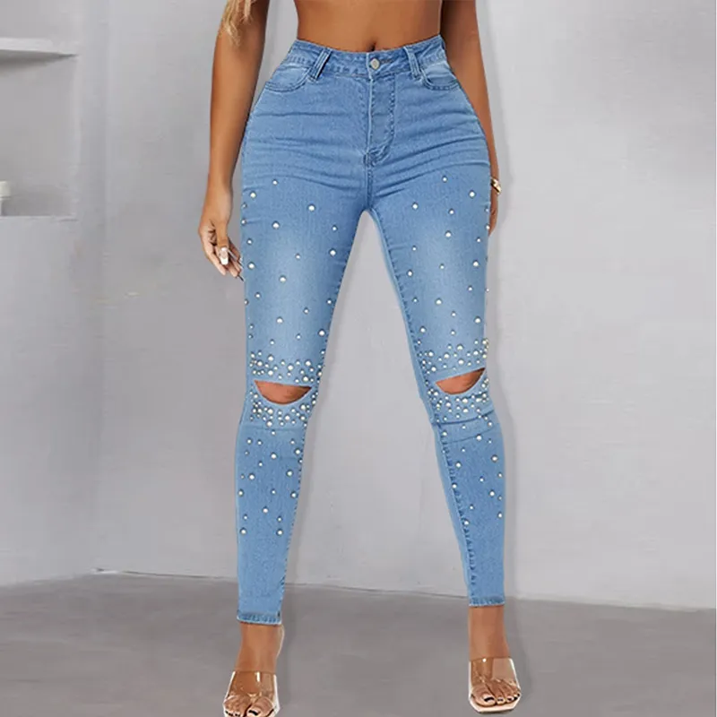 Street Fashion Women Pearl Rivet Denim Pants Ripped Skinny Jeans