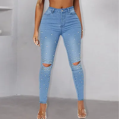 Street Fashion Women Pearl Rivet Denim Pants Ripped Skinny Jeans