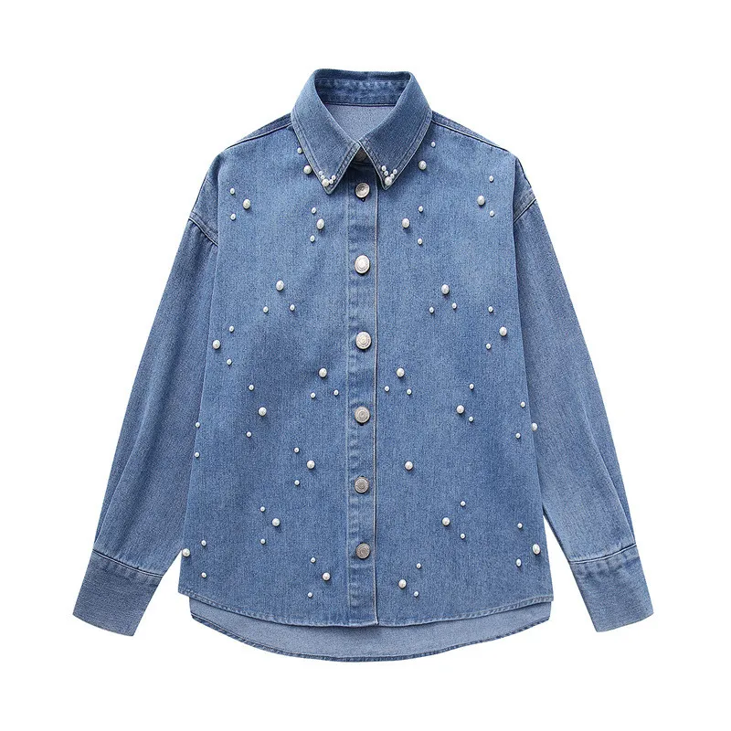 Women Pearl Design Long Sleeve Denim Jacket