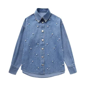 Women Pearl Design Long Sleeve Denim Jacket