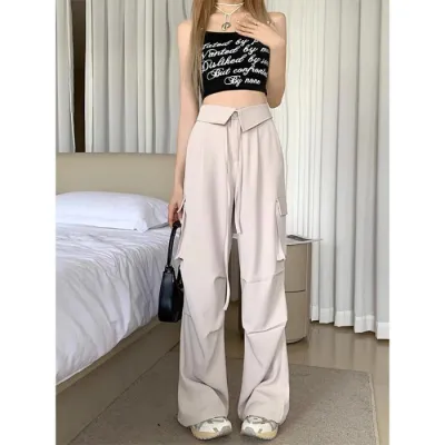 Vintage Overalls Women Multi-Pocket Loose Wide Leg Casual Solid Color Cargo Pants