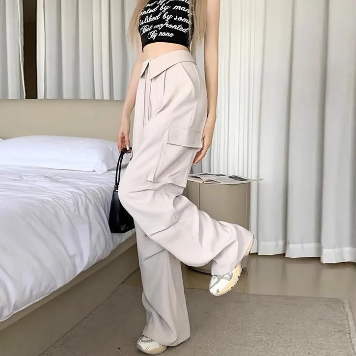 Vintage Overalls Women Multi-Pocket Loose Wide Leg Casual Solid Color Cargo Pants