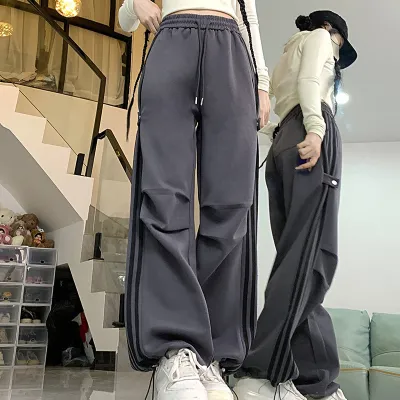 Wide-Leg Overalls Women Loose-Fit Straight Casual Stripe Cargo Pants