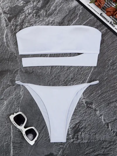 Women Sexy Solid Color Tube Top Hollow Bikini Swimsuit Set