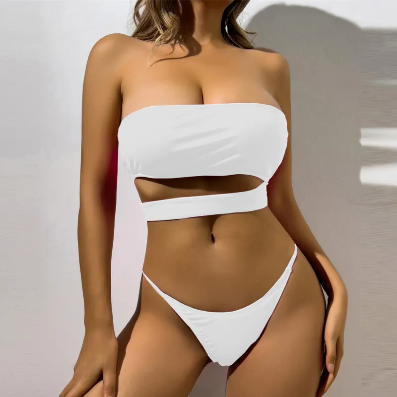 Women Sexy Solid Color Tube Top Hollow Bikini Swimsuit Set