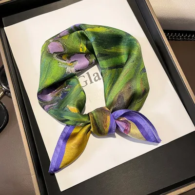 Women Fashion Plaid Chain Printed Square Silk Scarf 53x53cm