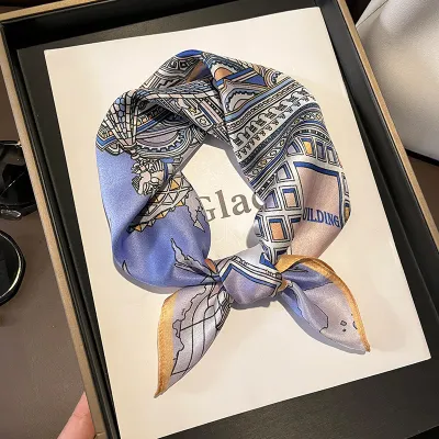 Women Fashion Plaid Chain Printed Square Silk Scarf 53x53cm
