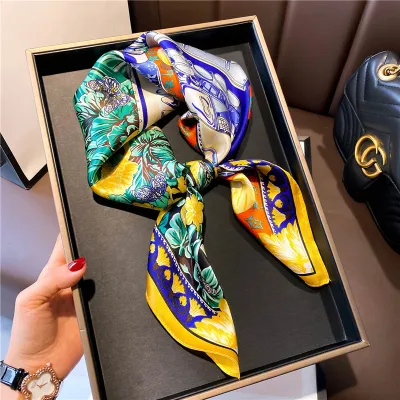 Women Fashionable Multicolor Floral Printed Square Silk Scarf