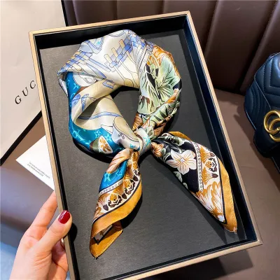 Women Fashionable Multicolor Floral Printed Square Silk Scarf