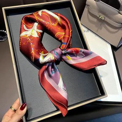 Women Fashionable Multicolor Floral Printed Square Silk Scarf