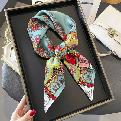 Women Fashionable Multicolor Floral Printed Square Silk Scarf
