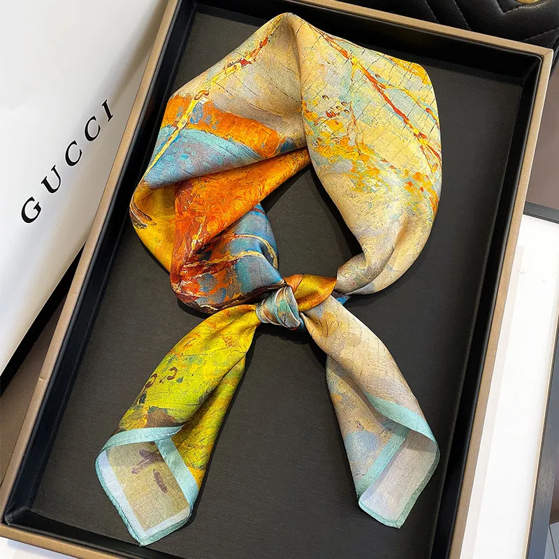 Women Fashionable Multicolor Floral Printed Square Silk Scarf